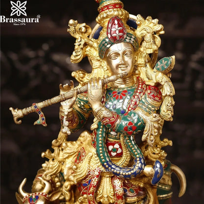 Brass Gem Stone Work Cow Krishna Murti Weight 23.77 Kg And Height 26 Inch