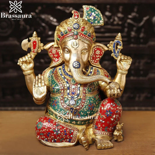 Brass Gem Stone Work Turban Ganesha Weight 27.9 Kg & Height 21 Inch