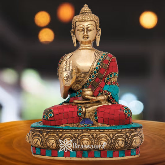 Brass Blessing Gem Stone Work Buddha Weight 3 kg & Height 9 Inch