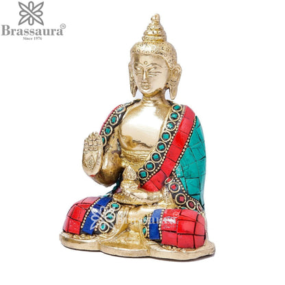 Brass Blessing Gem Stone Work Buddha Weight 0.65 kg & Height 5 Inch