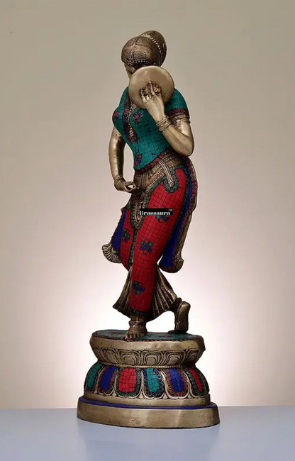 Brassaura™ Large Brass Mirror Lady with Inlay Work – Height 36 inches | Weight 26.68 kgs