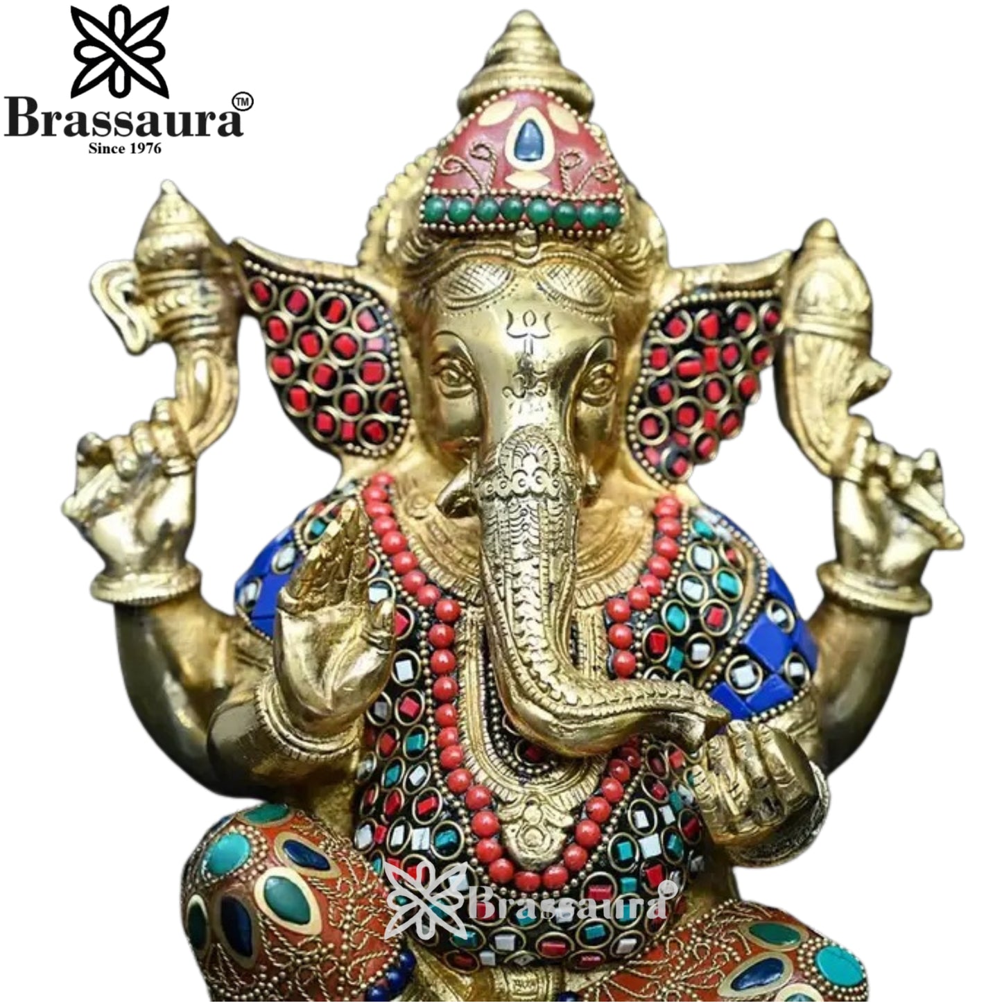 Brass Gem Stone Work Ganesha Statue Weight 4.1 Kg And Height 9 Inch