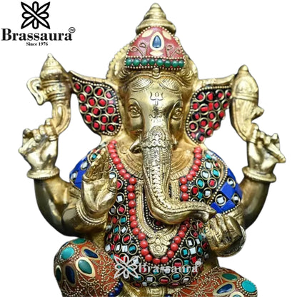 Brass Gem Stone Work Ganesha Statue Weight 4.1 Kg And Height 9 Inch