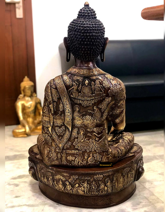 Brassaura™ Pure Brass Large Buddha Statue with Engraved Life Story – Height 33 Inches, Weight 48 Kgs