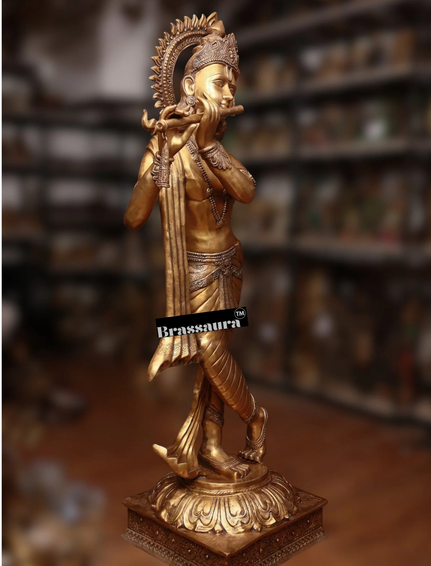 Brassaura™ Life-Size Lord Krishna Brass Statue – Height 79" | Weight 148 Kgs