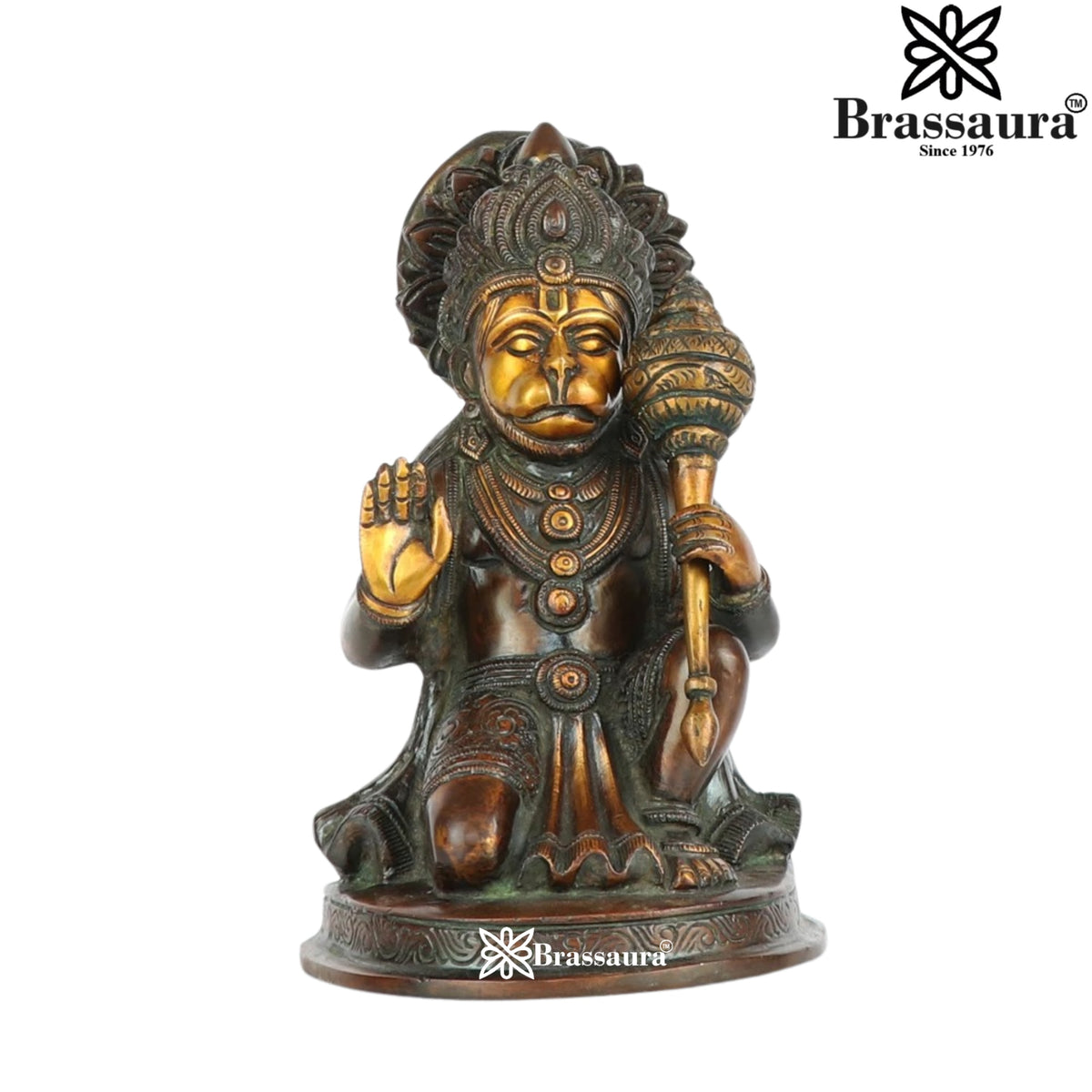 Brassaura® Hanuman Blessing Pose Idol with Gold And Copper Green Finish | Pure Superfine Brass Handcrafted Murti | Brass Statue for Home Temple, Pooja Room | Height 9 Inches | Weight 3.3 Kgs