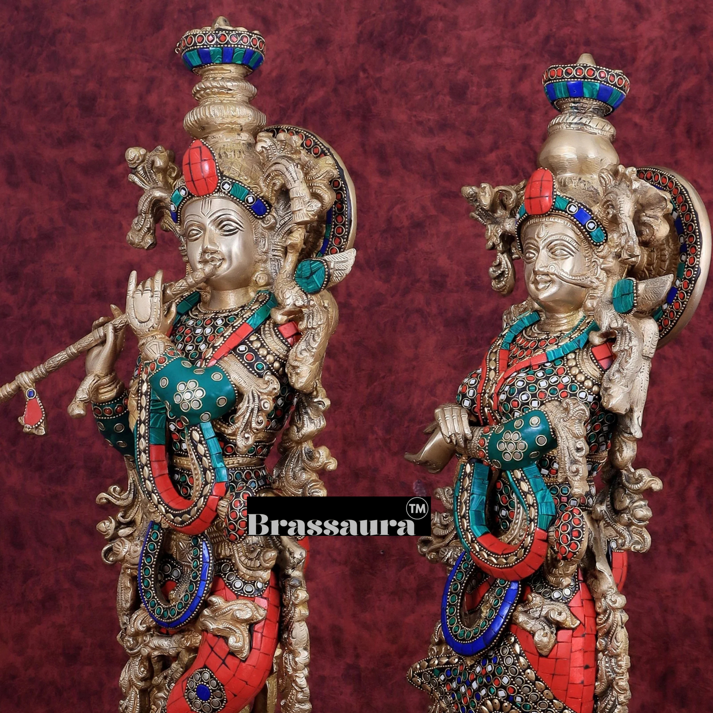Brassaura™ Brass Radha Krishna Idol Pair – Height 21 Inches & Weight 18 Kgs | Handcrafted Devotional Statues