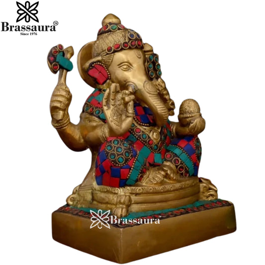 Brassaura® Brass Ganesha Idol with Stonework | Handcrafted Decorative Murti | Height 6.7 Inches