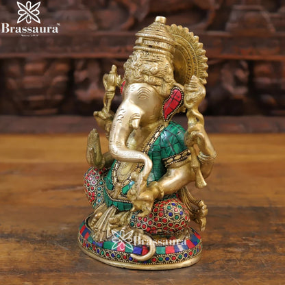 Brass Gem Stone Work Ganesha Weight 4.14 Kg & Height 9.5 Inch