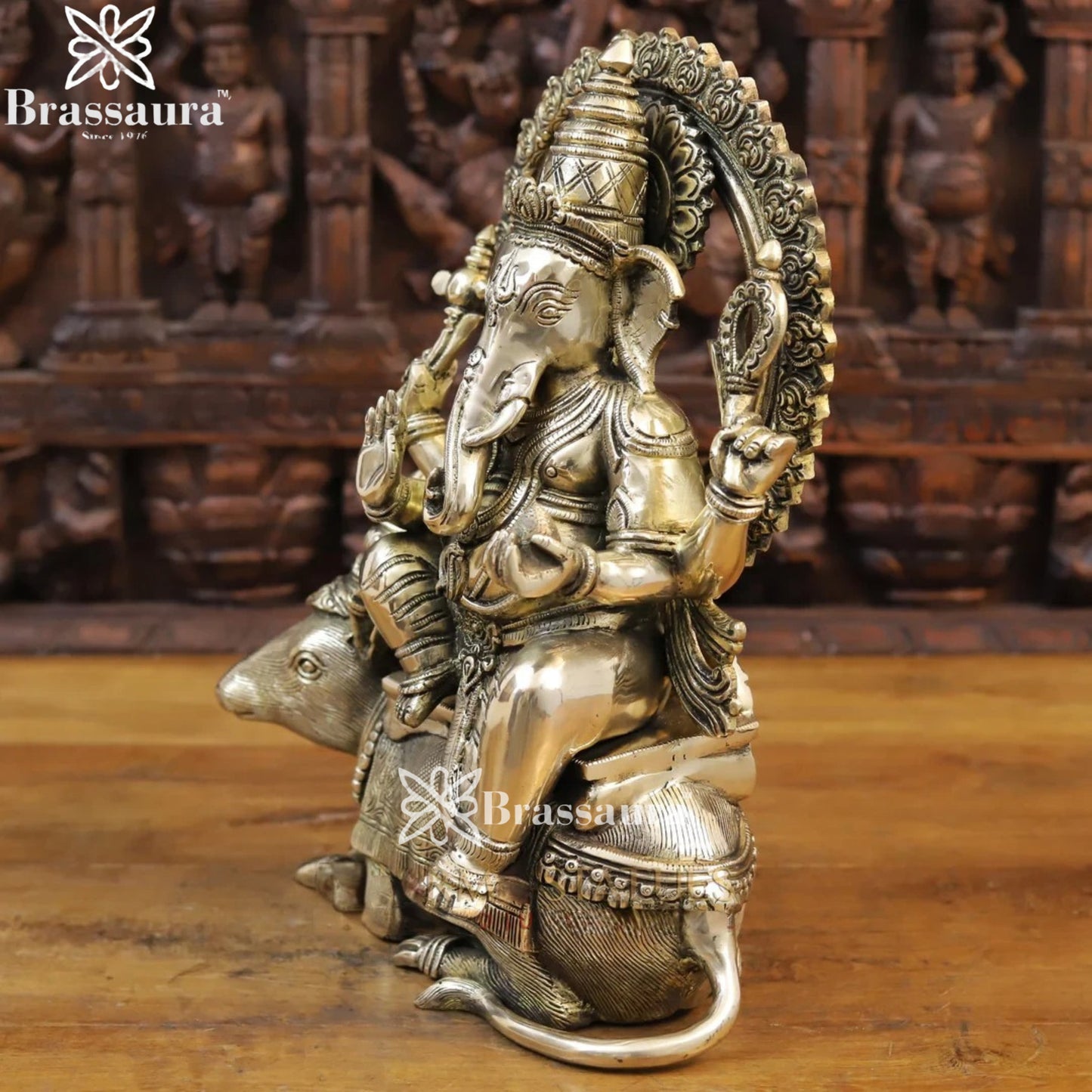 Brass Ganesha On Rat Weight 14.3 Kg & Height 16.5 Inch