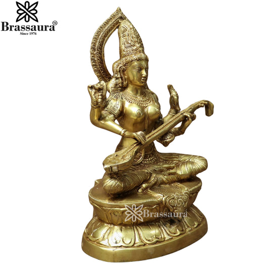 Brassaura™ Brass Saraswati Figurine – Height 18.2 Inches & Weight 11.2 Kgs | Temple & Home Idol