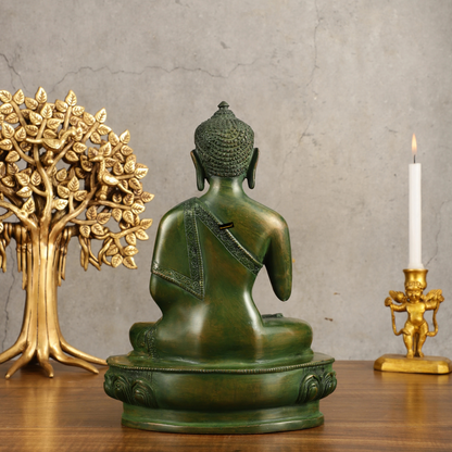 Brassaura™ Pure Brass Blessing Buddha Statue in Green Antique Finish – Height 10.5 Inches, Weight 3.42 Kgs