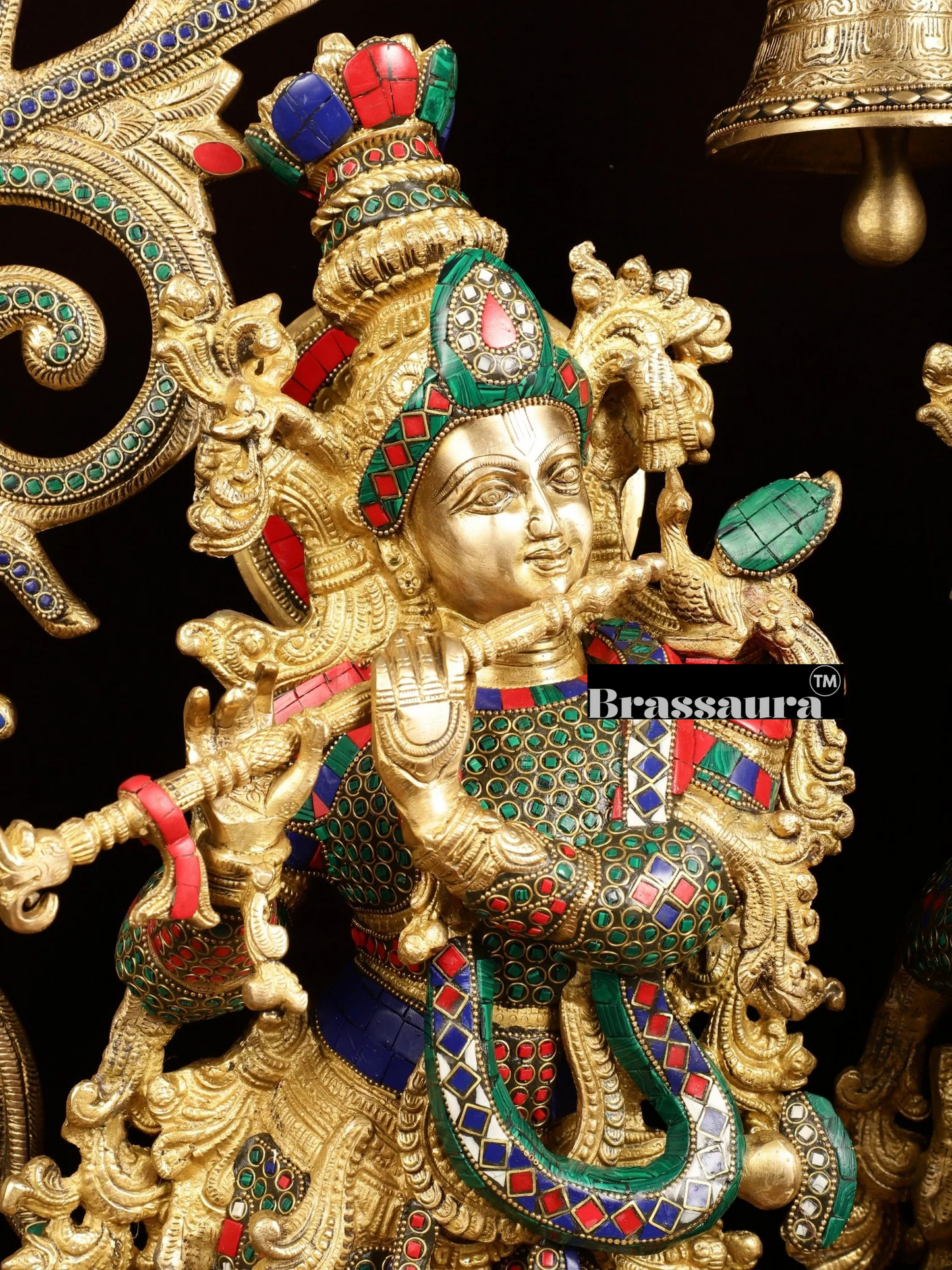 Brassaura™ Brass Radha Krishna Statue with Peacock Temple Arch – 45 Inch Height, 67 Kg | Meenakari Hindu Temple Decor