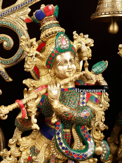 Brassaura™ Brass Radha Krishna Statue with Peacock Temple Arch – 45 Inch Height, 67 Kg | Meenakari Hindu Temple Decor