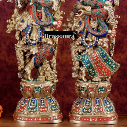 Brassaura™ Handmade Brass Radha Krishna Idol Pair with Meenakari – Height 30 & 29 Inches & Weight 35 Kgs | Elegant Devotional Statues