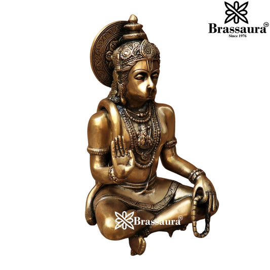 Brassaura® Hanuman Seated Blessing Pose Idol with Golden Brass Finish | Pure Superfine Brass Handcrafted Murti | Brass Statue for Home Temple, Pooja Room | Height 8 Inches | Weight 4.6 Kgs