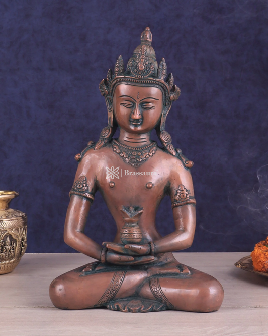 Brassaura™ Pure Brass Meditating Crowned Buddha Idol – Height 13 Inches, Weight 5.16 Kgs