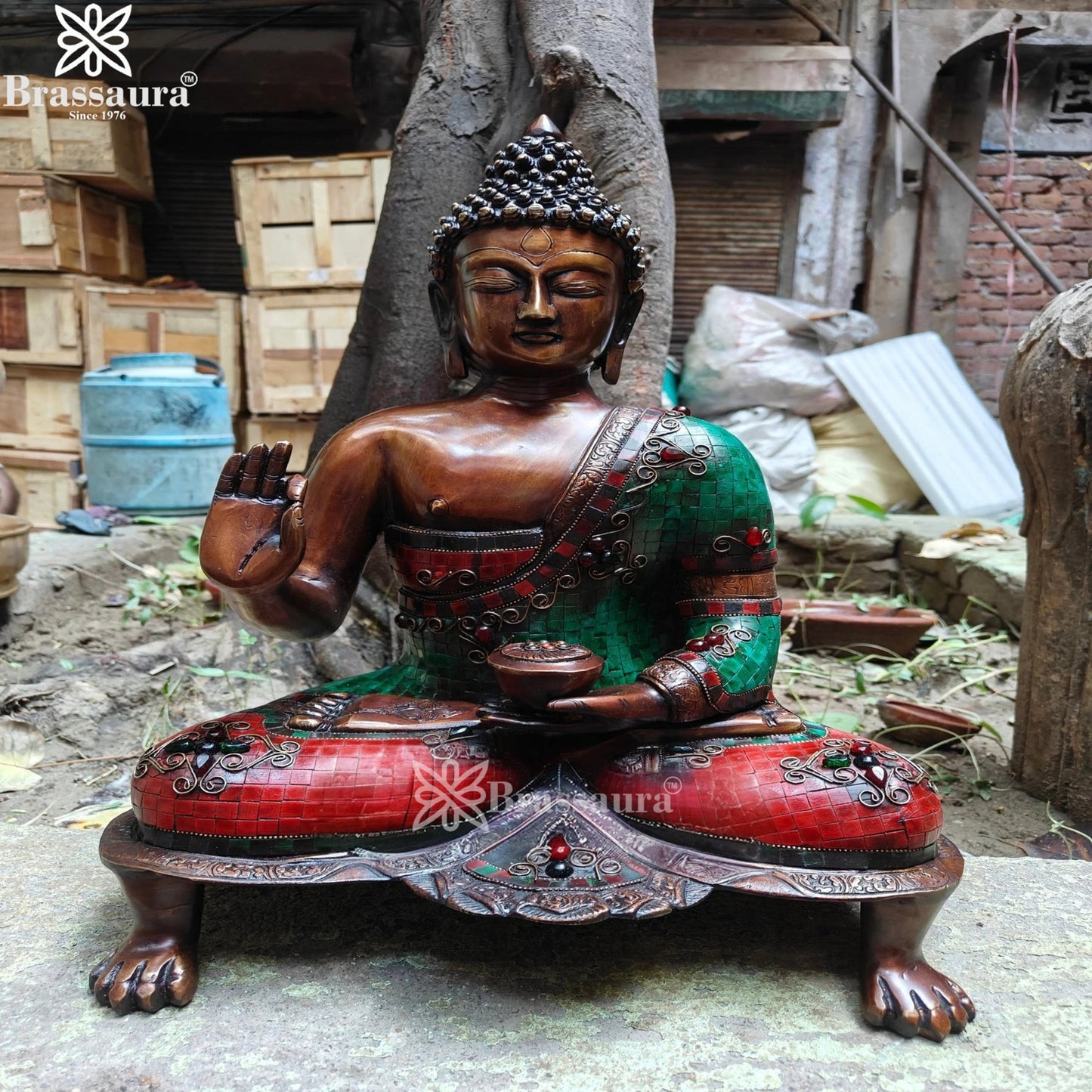 Brass Blessing Gem Stone Work Buddha Weight 11.8 kg & Height 20 Inch