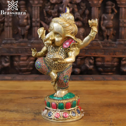 Brass Gem Stone Work Dancing Ganesha Weight 8 Kg & Height 15 Inch