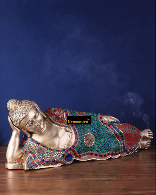 Brassaura™ Brass Resting Buddha Idol with Meenakari Stonework – Height 12 Inches, Weight 18 Kgs