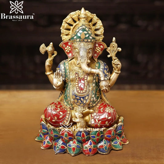 Brass Gem Stone Work Lotus Ganesha Weight 6.4 Kg & Height 12 Inch