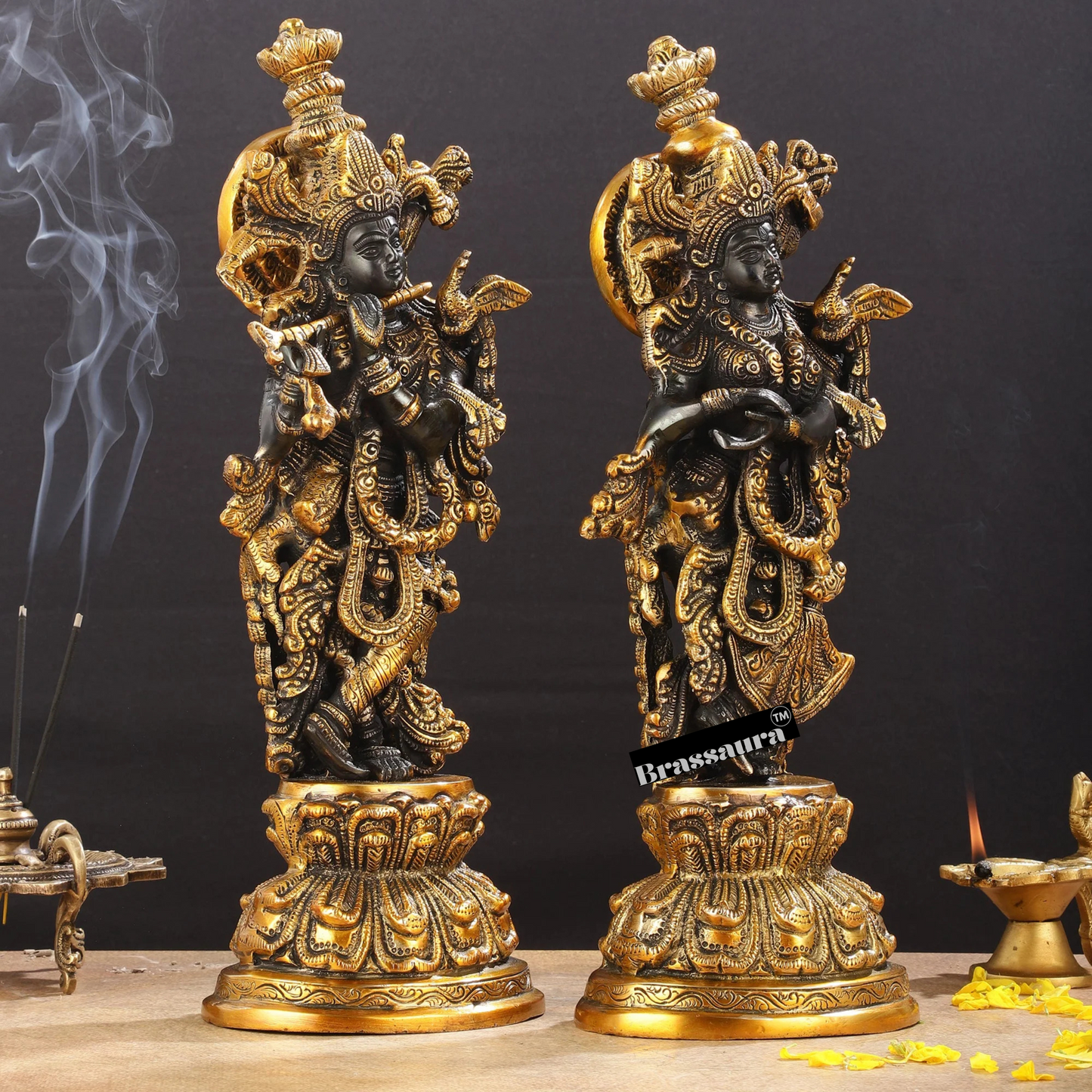 Brassaura™ Brass Radha Krishna Idol Pair – Height 15 Inches & Weight 10 Kgs | Black & Gold Finish Devotional Statue