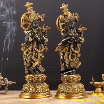 Brassaura™ Brass Radha Krishna Idol Pair – Height 15 Inches & Weight 10 Kgs | Black & Gold Finish Devotional Statue
