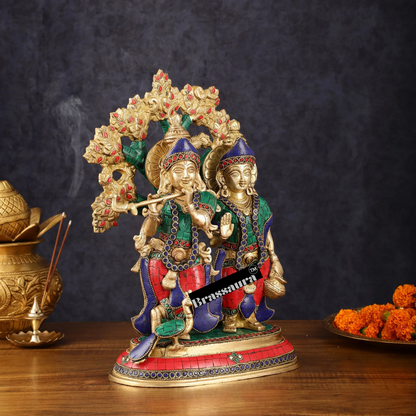 Brassaura™ Pure Superfine Brass Radha Krishna Idols with Kalpavriksha & Peacock – 14 Inch Height, 8.5 Kg Pair | Intricate Meenakari Stonework