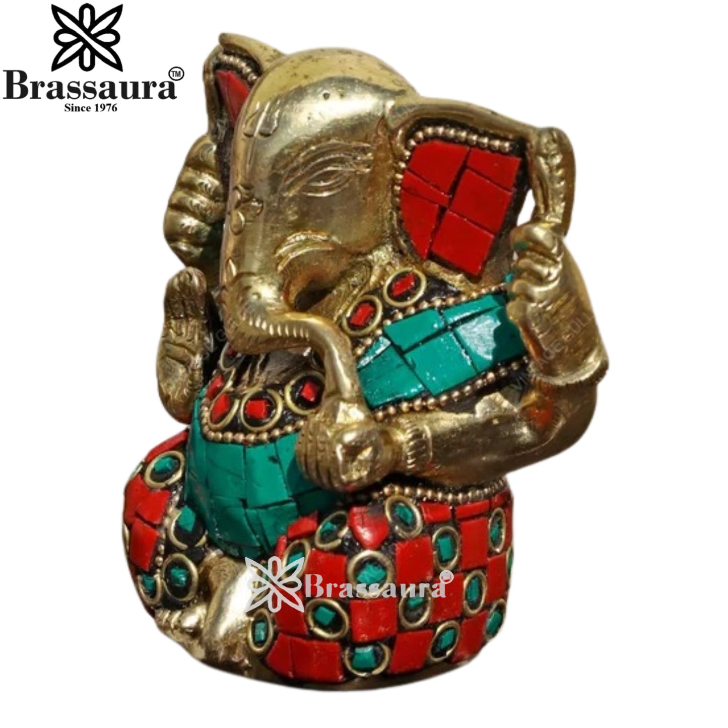 Brass Gem Stone Work Ganesha Statue Weight .6 Kg And Height 9.5 Inch