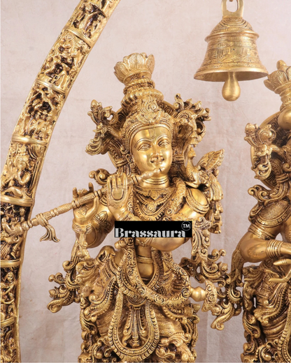 Brassaura™ Magnificent Brass Radha Krishna Temple Arch with Krishna Leelas – Arch Height 45 Inches & Total Weight 70 Kgs | Elegant Devotional Masterpiece