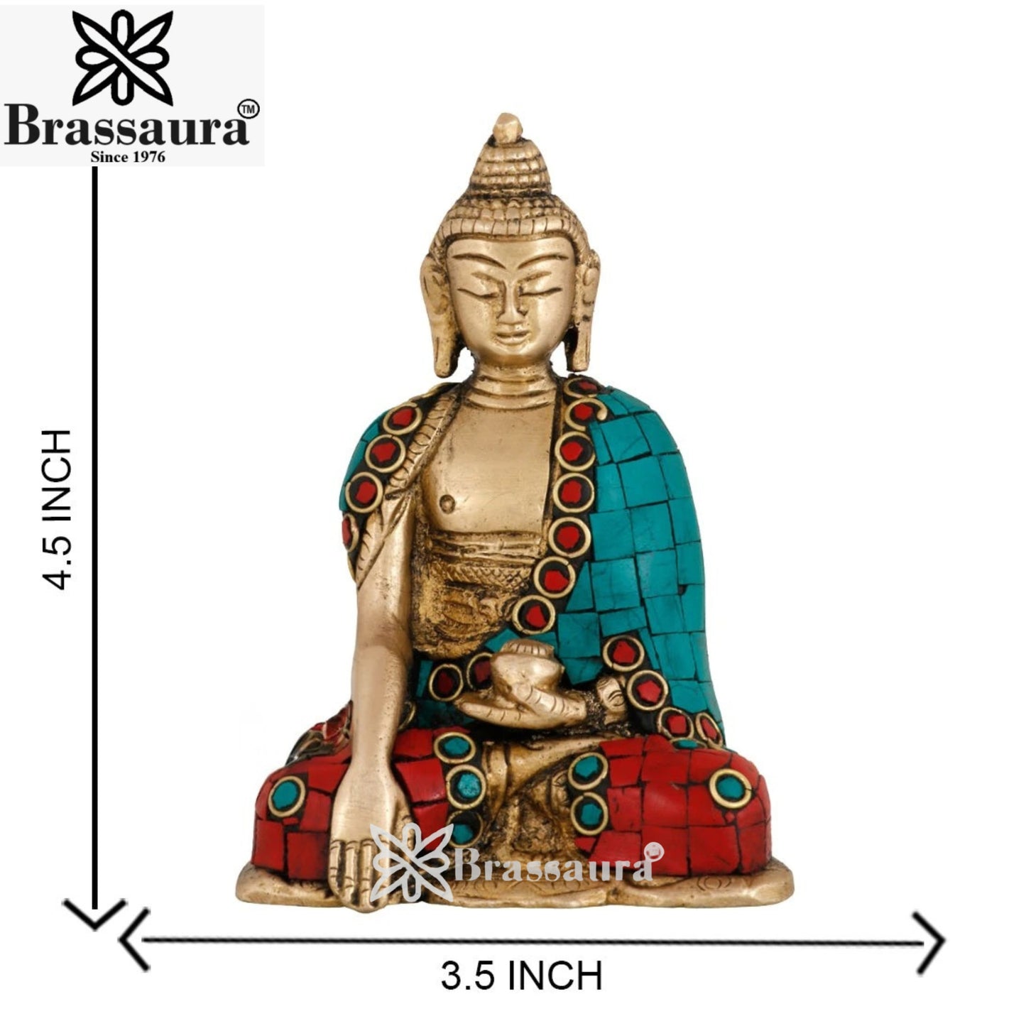 Brass Blessing Gem Stone Work Buddha Weight 1.3 kg & Height 6 Inch