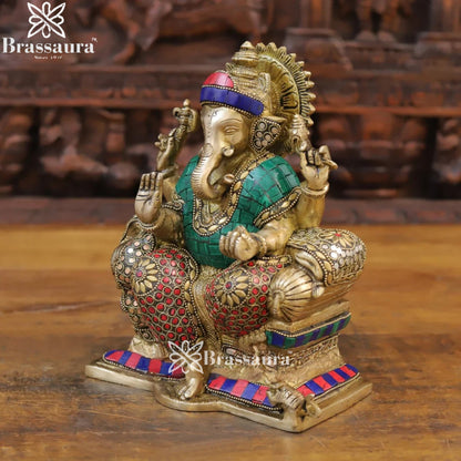 Brass Gem Stone Work Ganesha Weight 4.82 Kg & Height 9.5 Inch