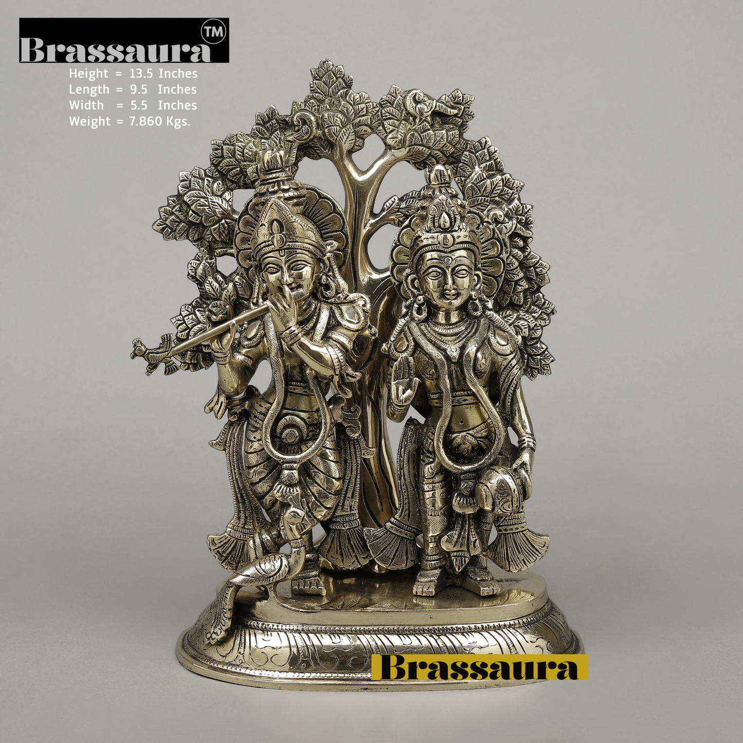 Brassaura™ Pure Brass Radha Krishna Under Tree Idol – 13.5 Inch Height, 7.860 Kg Weight – Golden Finish Statue