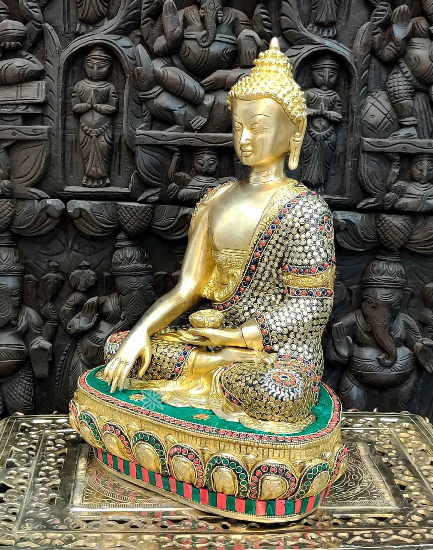 Brassaura™ Hand-Carved Brass Buddha Statue in Earth Touching Mudra – Height 16 Inches, Weight 11 Kgs