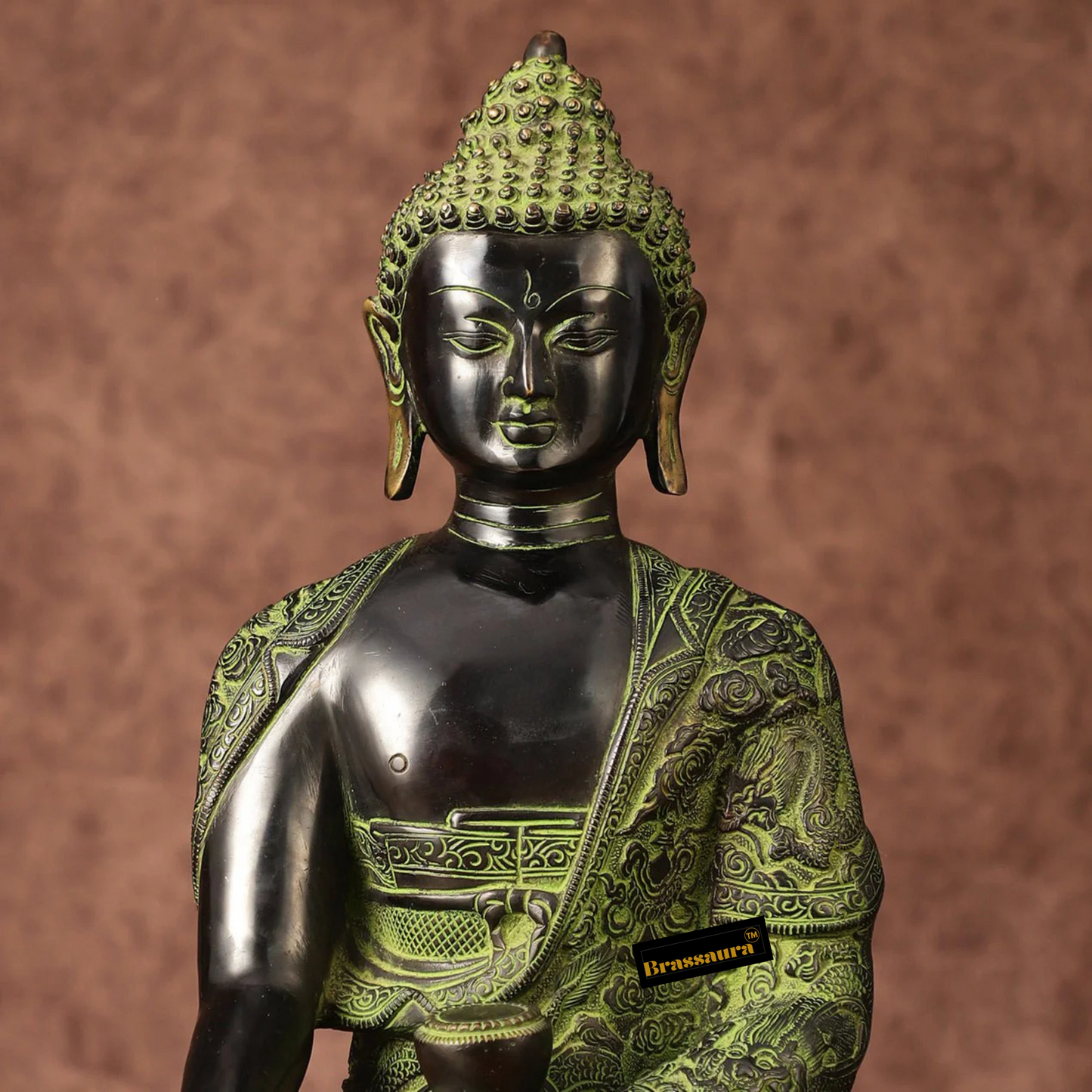 Brassaura™ Pure Brass Buddha Statue – Bhoomisparsha Nirvana Mudra with Dragon Carvings – Height 14 Inches, Weight 7 Kgs