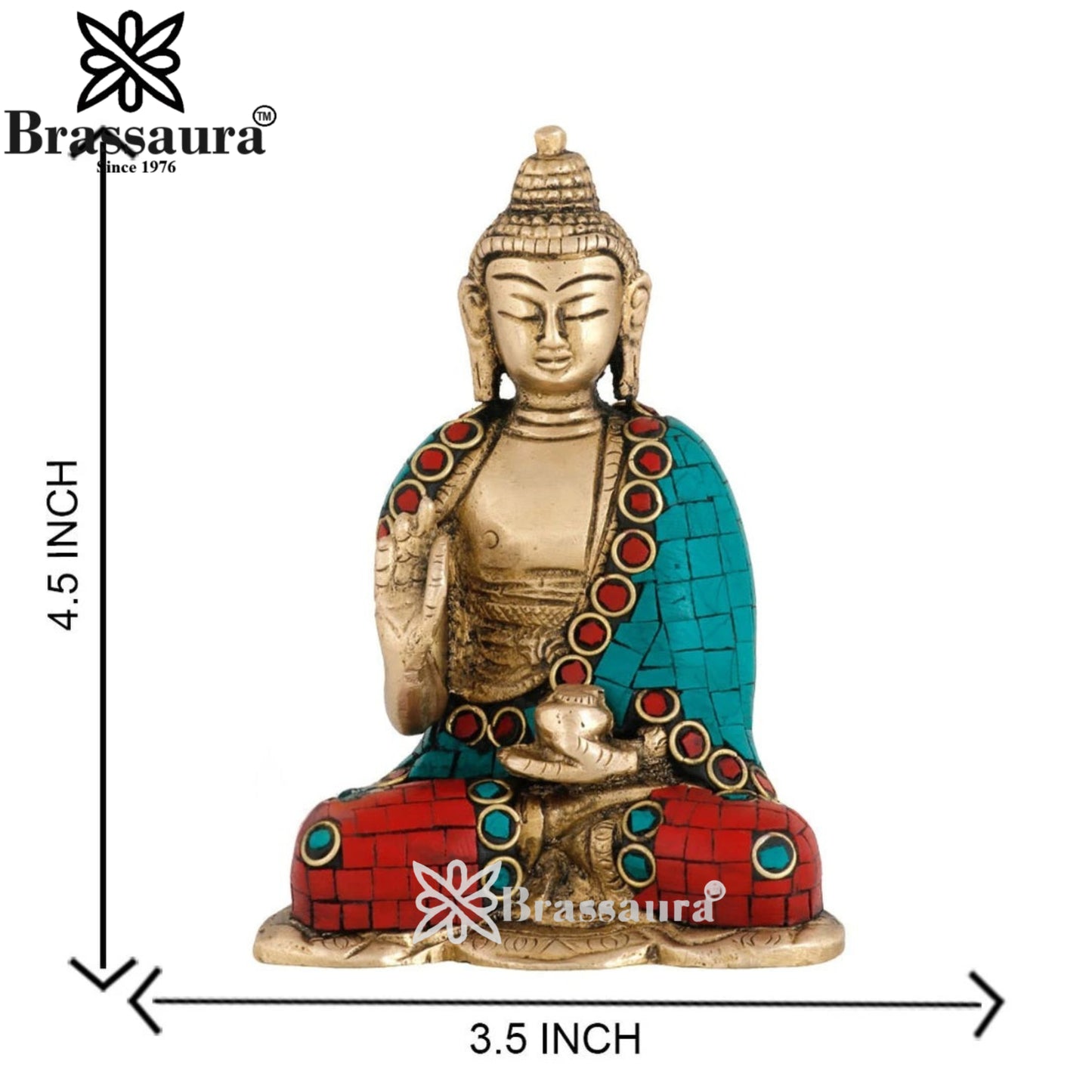 Brass Blessing Gem Stone Work Buddha Weight 0.7 kg & Height 4.5 Inch