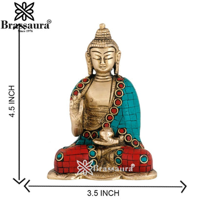 Brass Blessing Gem Stone Work Buddha Weight 0.7 kg & Height 4.5 Inch