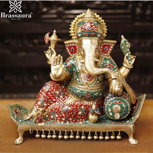 Brass Gem Stone Work Ganesha Weight 16 Kg & Height 15.5 Inch
