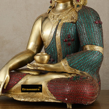 Brassaura™ Brass Crown Buddha Statue with Copper Wire Work – Height 22 Inches, Weight 23.78 Kgs