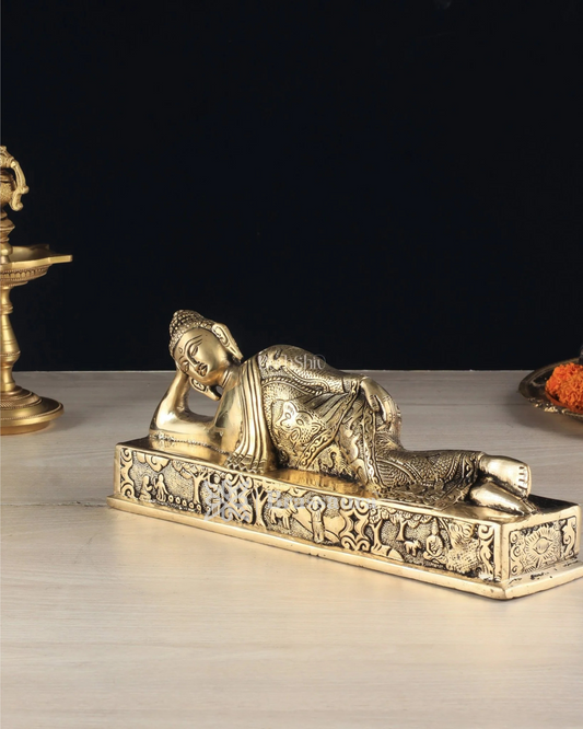 Brassaura™ Pure Brass Resting Buddha Idol – Height 4.6 Inches, Weight 2.55 Kgs
