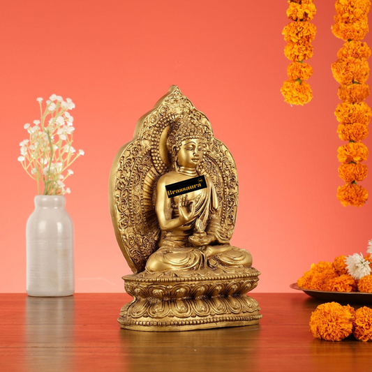 Brassaura™ Brass Standard Buddha Idol – Height 10.5 Inches | Weight 5.5 Kgs | Home & Spiritual Decor