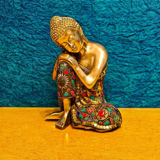 Brassaura™ Brass Thinking Buddha Statue – Height = 9 Inches | Weight = 4.2 Kgs | Meenakari & Wire Work