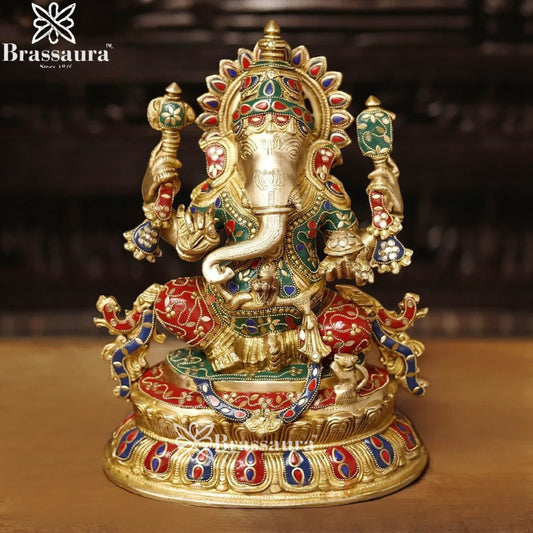 Brass Gem Stone Work Ganesha Weight 11.4 Kg & Height 15 Inch