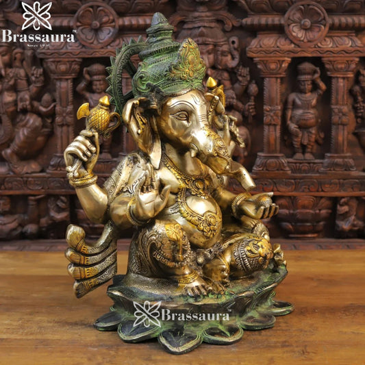 Brassaura® Grand Ganesha Idol Seated on Lotus with Dual Tone Finish | Pure Brass | Height 21 Inches