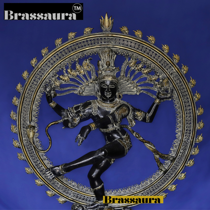 Brassaura™ Brass Nataraja Idol with Ornamental Frame – 54 inch | 76.17 kg | Antique Finish | Dancing Shiva Statue for Temple, Home & Cultural Decor