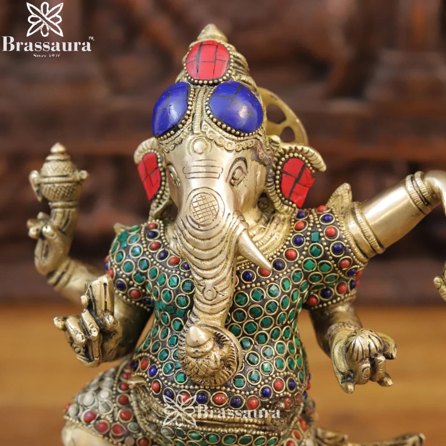 Brass Gem Stone Work Dancing Ganesha Weight 6 Kg & Height 13.5 Inch