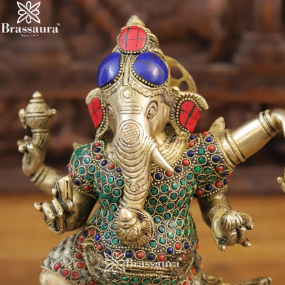 Brass Gem Stone Work Dancing Ganesha Weight 6 Kg & Height 13.5 Inch