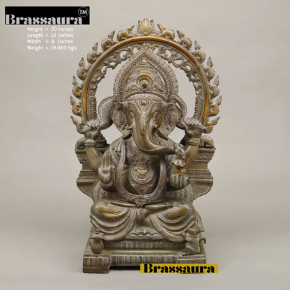 Brassaura™ Brass Ganesh Seated with Rat Frame – Green Antique Finish – Height 20 Inches, Weight 19.06 Kgs