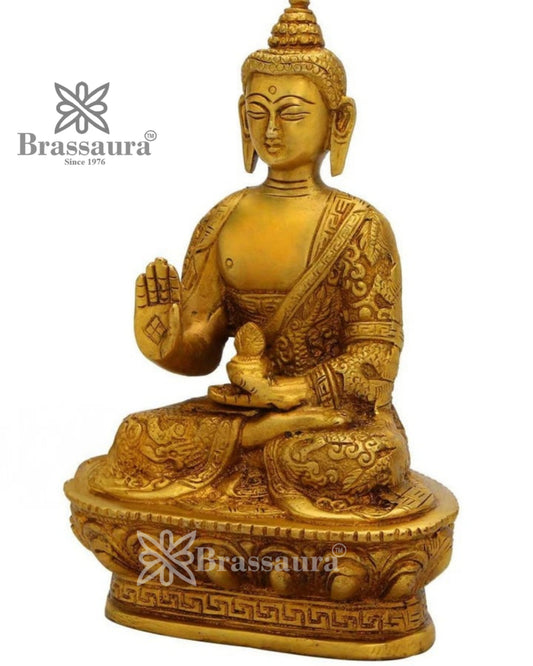 Brassaura® Buddha Sitting in Abhaya Mudra with Intricate Robe Detailing and Antique Gold Finish | Pure Superfine Brass Handcrafted Murti | Brass Statue for Home Temple, Pooja Room | Height 7 Inches | Weight 1 Kg