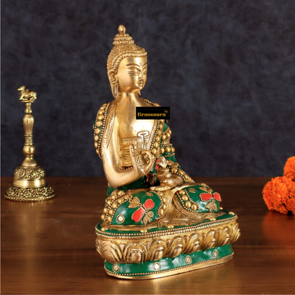 Brassaura™ Pure Brass Buddha Idol with Stonework – Height 7.5 Inches, Weight 1.7 Kgs